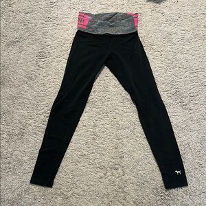 PINK Victoria's Secret Black and Pink Leggings with Color-Blocked Waistband